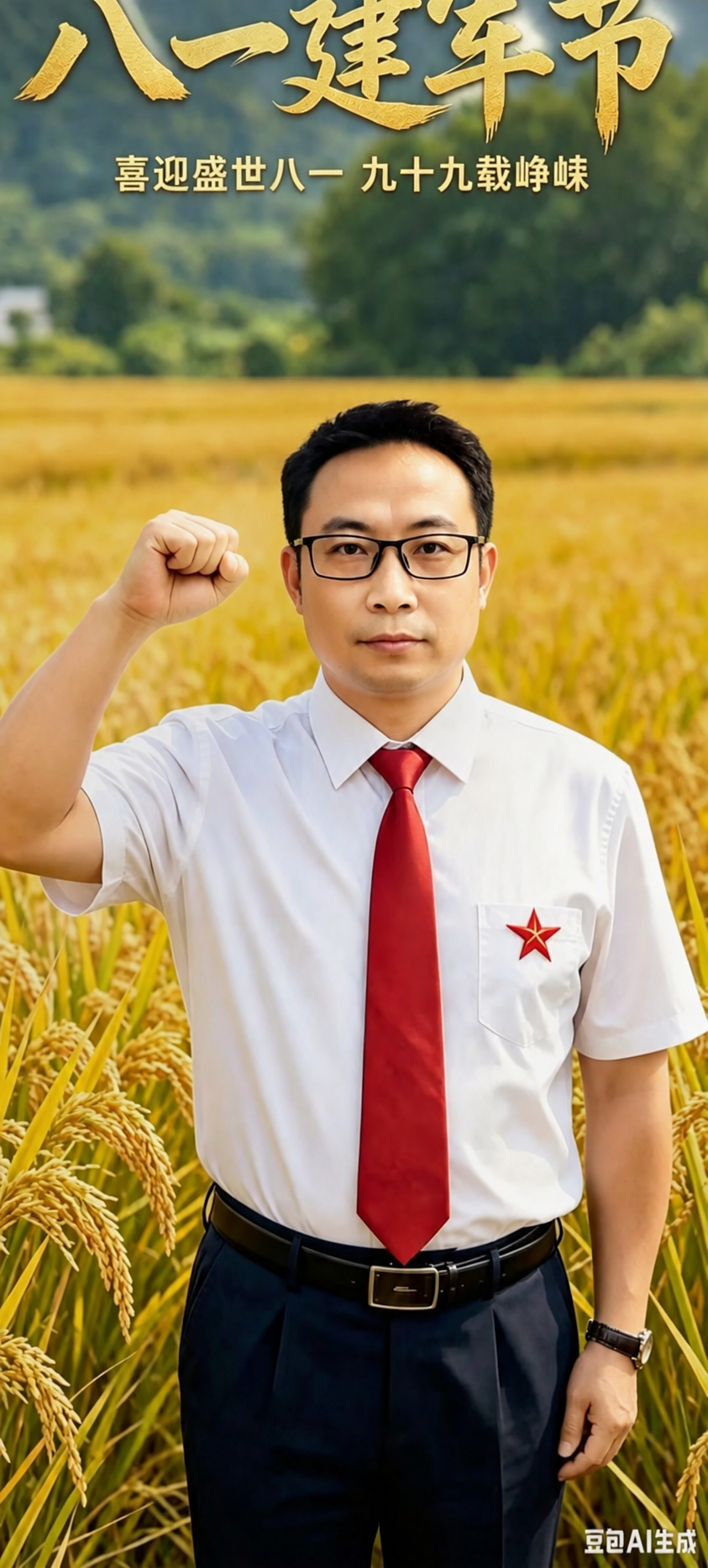 保持人物五官、发型、眼镜、姿势、服装（白衬衫+红领带+红星胸标… - 图片创意预览