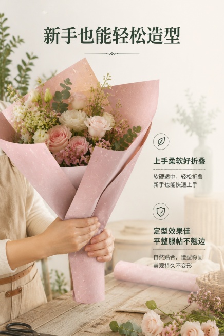 [第5屏] 使用体验展示，展示软硬适中易造型的特点。本屏使用【图4】展示纸张展开状态。
[氛围/风格] 花艺操作场景风，真实自然，有代入感。
[元素布局] 主体展示花艺师手部操作树皮纸包裹花束的场景，预览效果