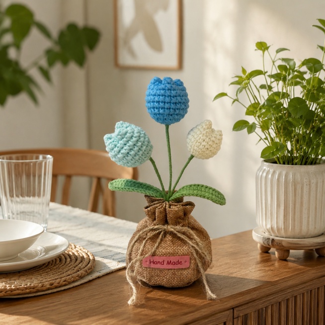 [主图-6] Handmade crochet tulip decoration displayed on dining table sideboard. Home dining space scen预览效果