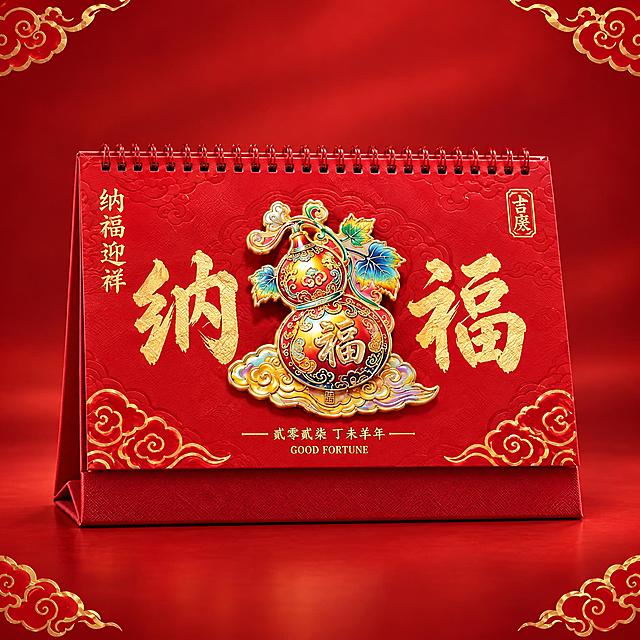 将这张四宫格图中的纳福迎祥款（左下葫芦款）台历单独提取出来，生成一张单独的选品图。保留台历完整外观：红色台历封面、立体珐琅彩葫芦造型（葫芦上有福字，带祥云和叶片装饰）、烫金"纳福"大字、左侧竖排"纳福迎祥"、右上角"吉庆"印章、底部"贰零贰柒丁未羊年 GOOD FORTUNE"烫金小字、红色线圈和三角底座。背景为纯净的中国红渐变，四角点缀少量金色祥云纹样，整体风格高端国潮，适合选品展示。台历居中放置，占画面约70%，正面微仰视角度。
