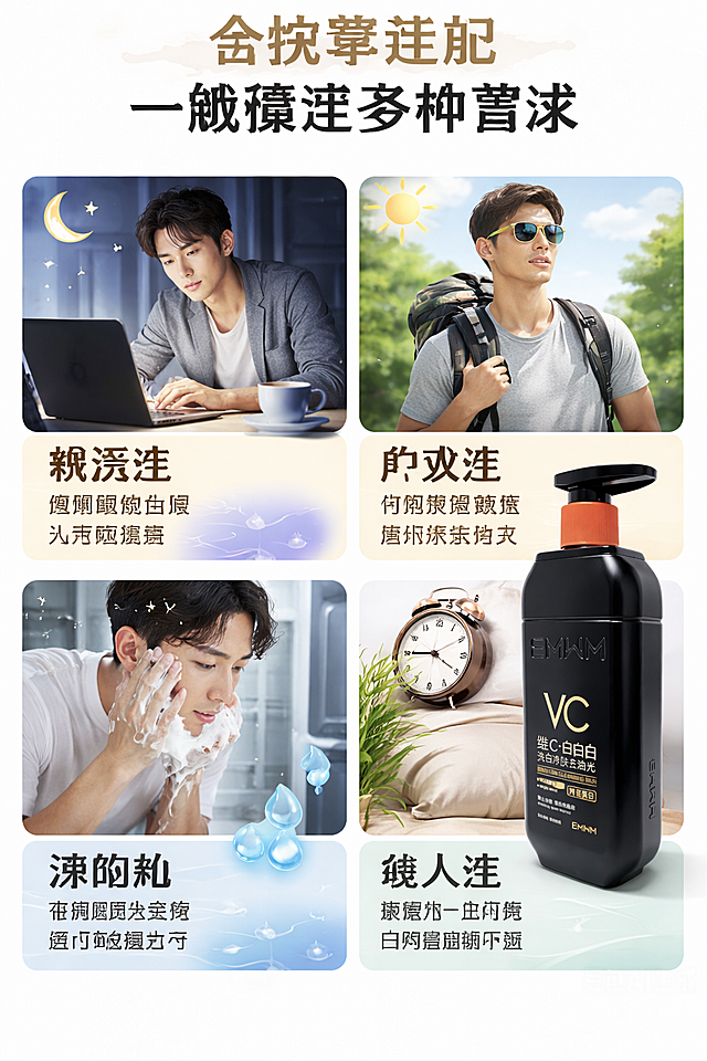 使用电商详情页技能根据商品图「图片1」生成1套详情页，参考图为，商品名称为VC 维C·白白白，卖点为核心卖点：持证美白 + 强效控油，男士护肤一步到位 1. 「持证美白」，告别暗沉黄气，越洗越透亮 ✅ 国妆特字认证美白力，不是概念美白，是有备案的正规美白祛斑洁面，从源头改善男士晒黑、熬夜黄、痘印暗沉问题。 ✅ 维 C + 烟酰胺双效焕白组合，维 C 抗氧化还原黑色素，烟酰胺阻断黑色素转运，洗走油光的同时，让肤色从内而外透出干净亮泽，真正实现 “维 C 白白白”。 ✅ 温和淡斑提亮，针对痘印、晒斑、肤色不均设计，长期使用可改善粗糙暗哑，打造清透匀净的男士水光肌。 2. 「硬核控油」，告别大油田，全天清爽不泛光 ✅ 深层净澈毛孔，绵密泡沫深入溶解油脂污垢、老废角质和黑头，运动出汗、出油重灾区也能洗得干干净净。 ✅ 控油力在线，有效清除多余皮脂，改善 T 区泛油、毛孔粗大，洗后不紧绷不拔干，维持水油平衡，告别 “油光满面” 的尴尬。 ✅ 油痘肌友好，温和清洁的同时减少油脂堆积，降低痘痘反复风险，洗出清爽干净的肤质状态。 3. 「男士专研配方」，简单高效，懒人也能轻松用 ✅ 温和不刺激，贴近健康肌肤 pH 值，无酒精、无刺激防腐剂，敏感肌、油痘肌也能放心用，洗后不泛红、不拔干。 ✅ 绵密奶油泡沫，一泵就能搓出丰富泡沫，上脸柔滑细腻，清洁体验舒适，男生也能轻松上手。 ✅ 大容量泵头设计，按压式出液干净卫生，单手就能操作，懒人、宿舍党友好，一瓶搞定早晚洁面。 📌 场景化卖点：适配男生全场景护肤需求 熬夜党：改善熬夜后的蜡黄暗沉，洗出好气色，上镜更显精神 户外党：淡化晒黑、晒斑，修护紫外线造成的肤色不均，恢复清爽亮白 油痘肌：深层控油 + 温和清洁，减少痘痘黑头，告别油腻粗糙 懒人党：一瓶搞定清洁 + 控油 + 美白，不用叠加多瓶产品，护肤一步到位，适配平台为淘宝/天猫，图片比例为9:16，需求屏数为8张，模块包含8，其他要求为