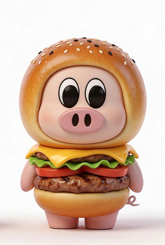 保留小猪的面部五官完全不变，将小猪的头套替换为汉堡的面包胚造型，身体替换为汉堡的整体外观外衣，保持卡通3D可爱风格