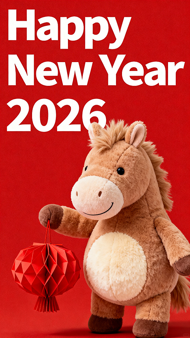 软3D风格的拟人化小马，毛发生长质感十足，手持红色折纸灯笼，萌趣可爱，喜庆红底衬托新年氛围，卡通感与面料纹理结合，传递2026春节祝福。