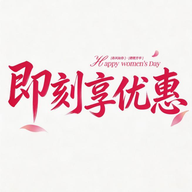 将图中的“3.8女神节”替换为“即刻享优惠”，保持字体的粉色毛笔书法风格和画面的花瓣装饰，保留右上角的英文和小字内容预览效果