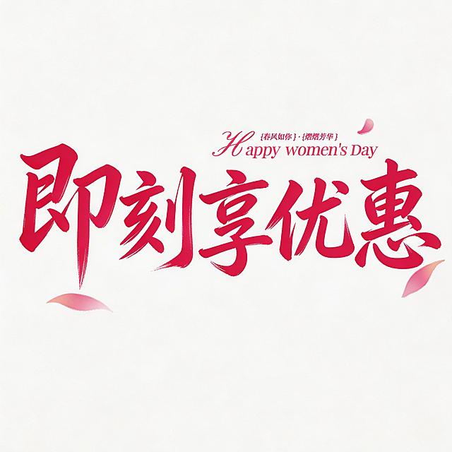 将图中的“3.8女神节”替换为“即刻享优惠”，保持字体的粉色毛笔书法风格和画面的花瓣装饰，保留右上角的英文和小字内容