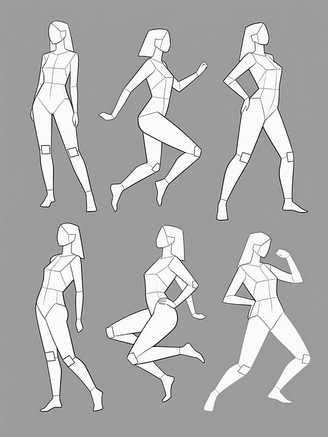 一系列6个完全不同造型的女性人体动态线稿，采用简约的几何块面结构绘制，线条流畅清晰，包含站立、跳跃、蹲坐、扭转等多样动态姿势，每个造型均保留头部、躯干、四肢的基本比例与关节转折的方块辅助线，整体呈现规整的速写风格，以纯色背景为衬托，所有元素内容保持一致的线稿表现形式并规整排布成集合素材。