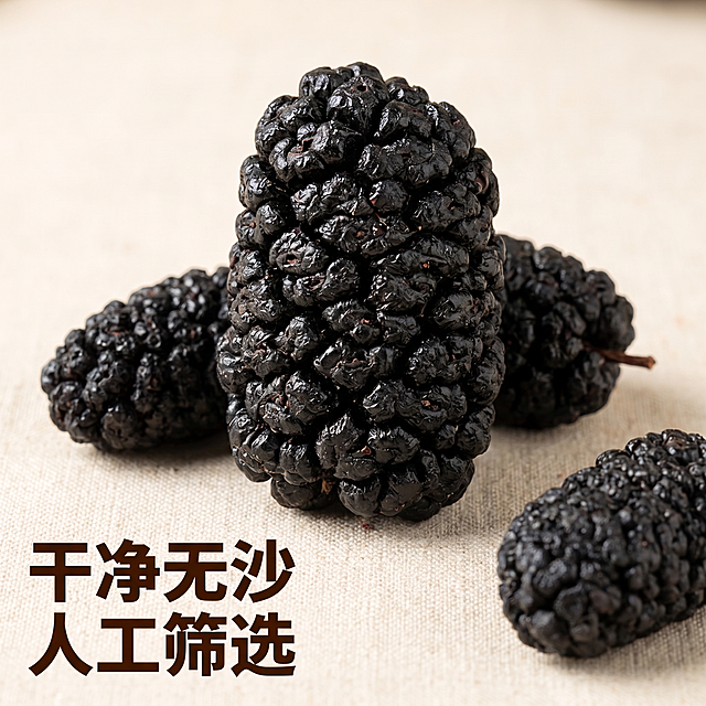 [主图 3] 新疆桑葚干细节放大，展示干净无沙的品质优势。氛围风格：传统朴实自然风格，整体和前两张风格保持统一。画质：商业摄影质感、光线柔和通透、产品清晰真实、画面干净高级。元素：微距特写镜头放大单颗桑葚干，展示表面纹理油润质感，周围摆放3-4颗完整桑葚干衬托。保持桑葚干外观（物理结构、材质质感、颜色）与输入产品图绝对一致，杜绝任何变形和色差，精细化处理。主体桑葚干占画面60%，细节清晰可见。光影：侧光打亮，突出纹理立体感，光线柔和不刺眼。配色：浅米色背景，深黑果实，深棕文字，对比度清晰。视角构图：特写居中构图，纹理清晰突出。文字版式：左下角标注“干净无沙 人工筛选”，深棕色粗体，不遮挡主体纹理。比例分辨率：1:1 比例，2k分辨率；文字清晰可辨，超高清。负向提示词：变形，水印，文字错乱，产品图模糊，背景杂乱，配色刺眼。