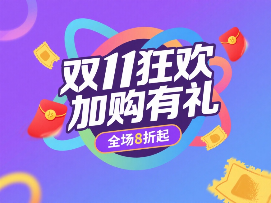 主标题“双11狂欢 加购有礼” ，搭配 “全场8折起” 紫色副标题框，点缀优惠券、红包等促销小元素，背景为蓝紫色渐变，促销氛围预览效果
