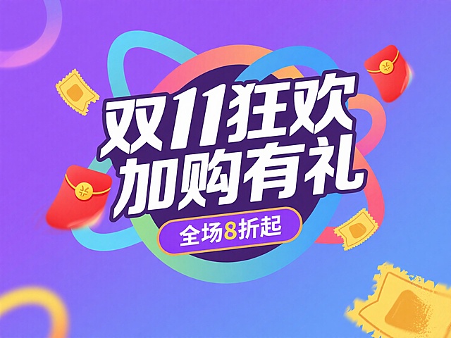 主标题“双11狂欢 加购有礼” ，搭配 “全场8折起” 紫色副标题框，点缀优惠券、红包等促销小元素，背景为蓝紫色渐变，促销氛围