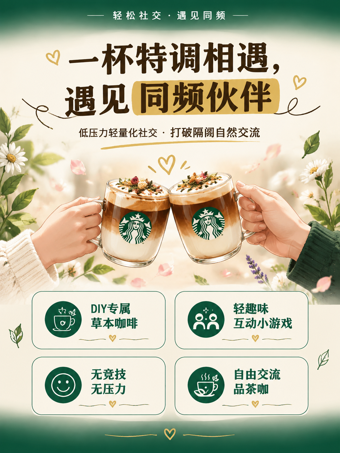 星巴克风格竖版推文长图（第3张·社交篇），统一深绿+奶白金配色… - 图片创意预览