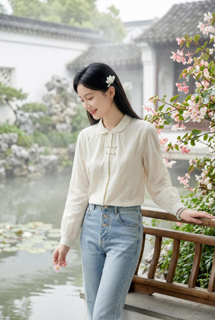 保持图片服饰不变，8K超高清，RAW格式，专业人像摄影，治愈系清新国风大片，全身人像，20岁左右温婉灵动的江南长相女生，鹅蛋脸，清透伪素颜淡妆，黑长直柔顺长发，发间别一支白色玉兰花发簪，气质温婉恬静自预览效果