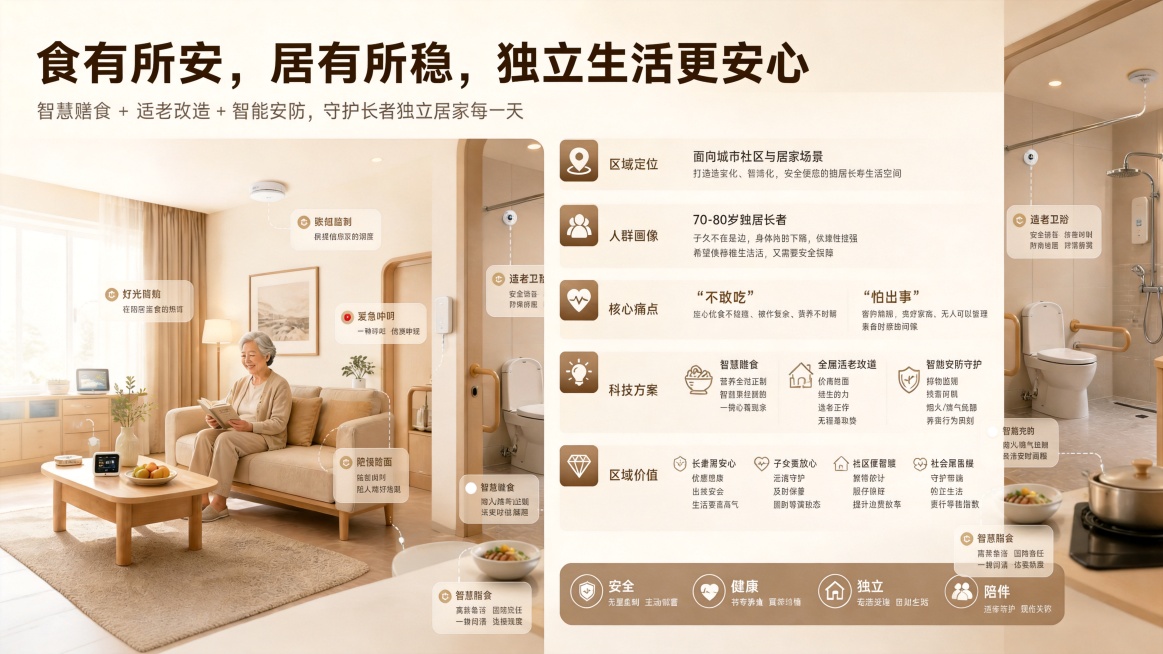将展板内容横向拆分成4块，总面积保持不变，重新排版设计，保持原有极简居家温暖风格，主色调暖米色+浅咖色，稳重安心调性，弱化医疗感，强化居家氛围，文字清晰，高清落地画质。原展板内容包含：顶部主标语'食有预览效果
