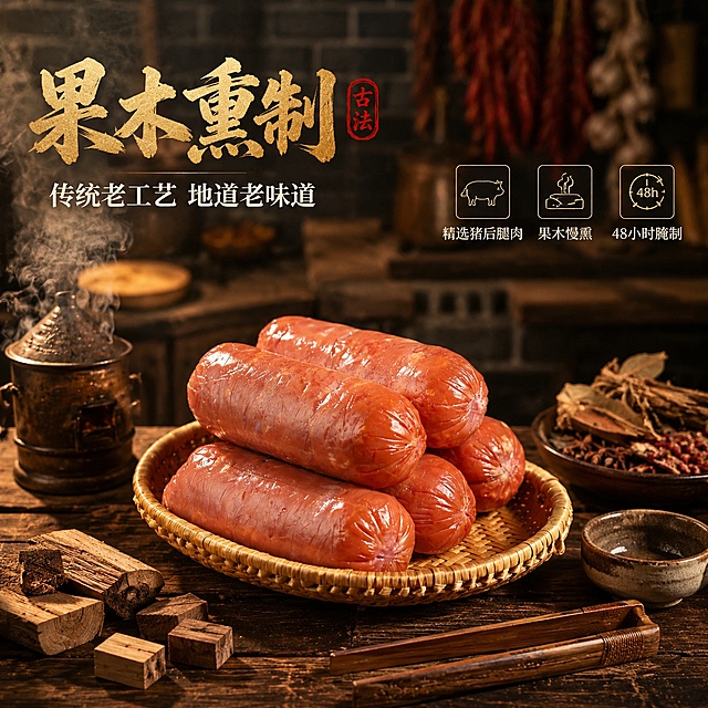 [主图-3] 青岛老火腿工艺卖点图 果木熏制传统工艺。
[氛围风格] 传统中式烟火气 古朴匠人风 暖调氛围感；
[画质] 商业美食摄影质感 光线温暖柔和 场景真实有故事感。
[元素] 画面主体为三根完整的青岛老火腿，摆放在老式竹编簸箕中，火腿外皮呈诱人的棕红色，表面有自然的熏制纹理和油亮光泽。簸箕放置在深棕色实木八仙桌上。周围布置：一个小型老式熏炉模型（冒着淡淡的果木烟雾）、几块果木块（苹果木、梨木）、一小捆干香料、粗陶碗、竹制夹子。背景是虚化的中式传统厨房，隐约可见青砖墙面、悬挂的干辣椒和大蒜，营造老作坊的烟火氛围。保持青岛老火腿外观（即物理结构、材质质感、棕红色外皮、圆柱形形态）与输入产品图一致，杜绝任何变形和色差，精细化处理。商品主体占比约60%。
[光影] 暖黄色侧光从左侧打来，模拟老式作坊的油灯或窗边阳光，在火腿表面形成柔和的高光和渐变阴影；果木烟雾被光线穿透形成朦胧光效；整体暖橙色调，温馨有烟火气。
[配色] 主色深木棕+烟熏红褐；辅色米黄、墨绿；强调色暖橙金。
[视角构图] 45度俯视角度，簸箕和火腿为视觉中心，前中后景丰富，景深中等，背景适度虚化保留场景信息。
[文字版式] 左上负空间左对齐留安全边距。主标题粗笔书法体"果木熏制"，暖金色最大号粗体，下方辅助文案"传统老工艺 地道老味道"，约半高、米白色。主标题旁有一个红色印章式装饰，内有"古法"二字。画面右侧中部有三个横向排列的小图标加文字：「精选猪后腿肉」「果木慢熏」「48小时腌制」，每个图标为细线描边的小方形，配小字说明。
[输出要求] 1:1比例，文字清晰锐利，超高清商业摄影质感。
[负向提示词] 变形，文字错乱，产品图模糊，背景杂乱，水印，电商平台Logo，多余的手，人物面部。