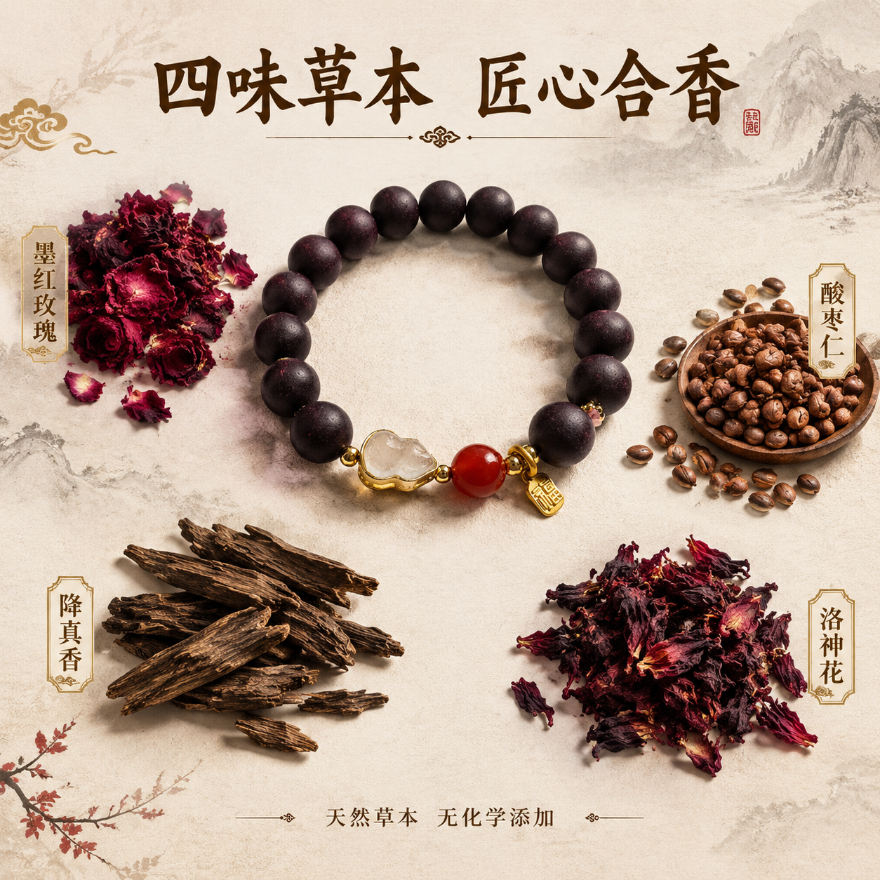 [主图-3] 材质展示 四味草本成分详解 [统一基调] 东方国… - 图片创意预览