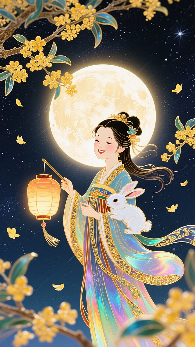梦幻感与唯美感交织，古典中式插画风中融入工笔细腻笔触，轻拟物与水彩晕染相融，鎏金元素点缀衣袂，月下嫦娥执灯伴玉兔，桂枝环绕，中秋佳节氛围氤氲。