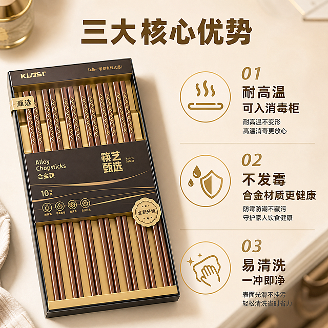 [主图-2] 核心亮点 不发霉耐高温易清洗三大卖点证明
[统一基调] 高端轻奢餐厨风 深棕金色为主色调 背景为浅米色高级渐变 字体用现代无衬线粗体 标题字色深金棕色 辅助文字深灰色 强调色为香槟金 整体干净通透 专业品质感
[画面] 画面采用左右分栏布局 左侧60%放产品主体 一盒合金筷打开状态 10双筷子整齐排列 右侧40%放三大卖点图标和说明 上方大标题 三个卖点分别配对应图标：第一个卖点配高温蒸汽图标 第二个配水滴+防霉盾牌图标 第三个配擦拭清洁图标 产品视角为俯视微侧 展示筷身花纹和材质质感 背景有轻微的厨房台面元素虚化
[光影质感] 商业棚拍质感 均匀柔光 筷身纹理清晰 材质表现细腻 合金材质有温润光泽 不刺眼
[配色] 浅米色背景 深棕金产品 图标用香槟金色描边 文字深金棕+深灰
[文字版式] 顶部大标题"三大核心优势" 每个卖点配大号数字+短标题："01 耐高温 可入消毒柜" "02 不发霉 合金材质更健康" "03 易清洗 一冲即净" 文字右对齐排列 层次分明
[输出要求] 1:1比例 2048px 产品清晰 文字清晰可读 无变形 无错字 无水印 无平台Logo
