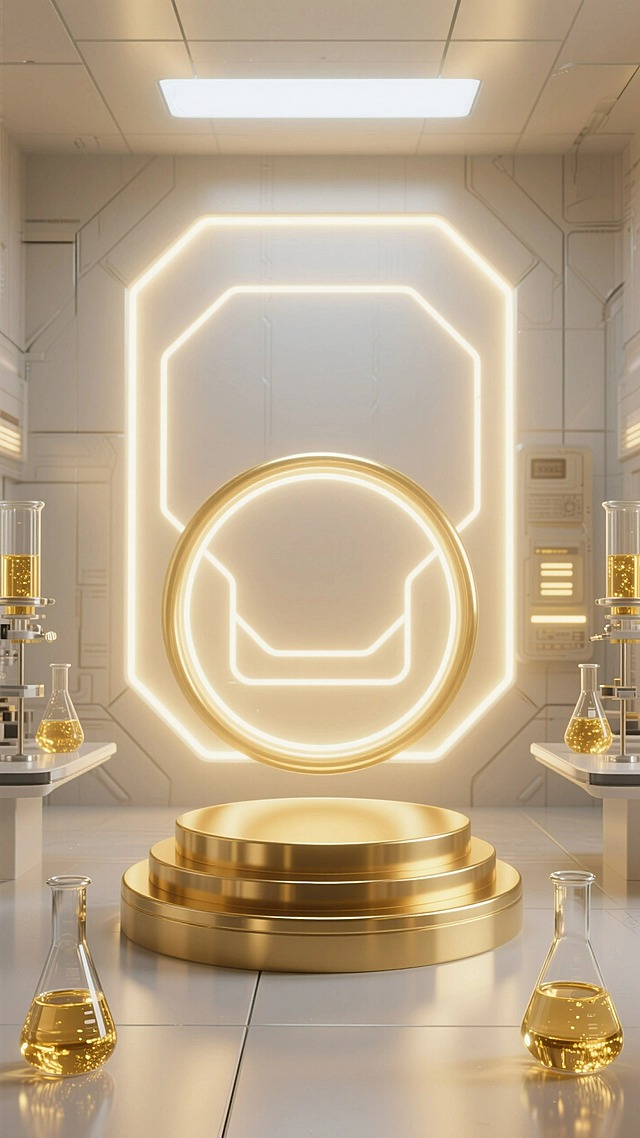 未来科技实验室场景，中央置发光环形金色展台，后方墙面嵌入发光线条勾勒几何轮廓，左右两侧对称摆放含金色液体的透明玻璃烧杯，背景低饱和度金白渐变