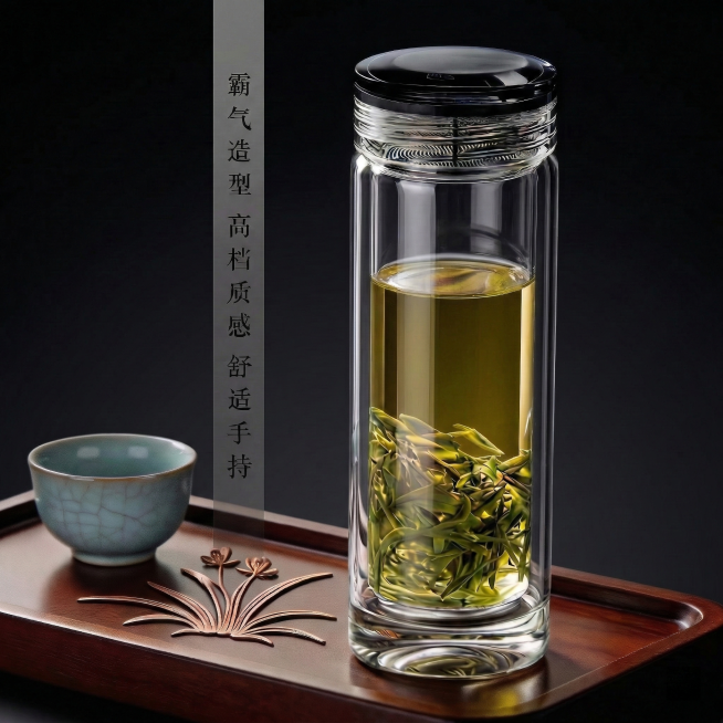 更换背景为黑色主题：炭黑渐变背景，无多余景物干扰；确保玻璃杯通透可清晰透视后方；保留原产品、盖子、青瓷茶杯、铜饰托盘及竖排文字‘霸气造型 高档质感 舒适手持’；整体高级、简洁、精致预览效果