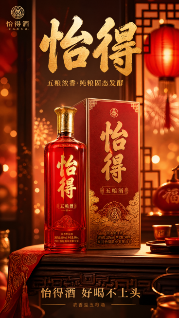 白酒品牌海报设计，主题为“怡得酒”浓香型五粮酒。整体暖色调，以中国红、鎏金、琥珀橙为主色，营造华贵喜庆的节日氛围。画面中央，一款红色玻璃瓶身的酒瓶立于红色烫金包装盒之上，瓶身通透的红玻璃材质折射出温暖预览效果