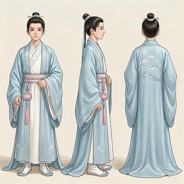 修改这张古风少年IP形象，将腰间的莲花配饰修改为淡粉色，保持原设计：古风少年，楚风直裾，温润清秀，国风纹样，飘逸裙摆，正面、侧面、背面三视角，纯色背景，主色调清水青、皓月白、初荷粉，整体设计为原创无版权