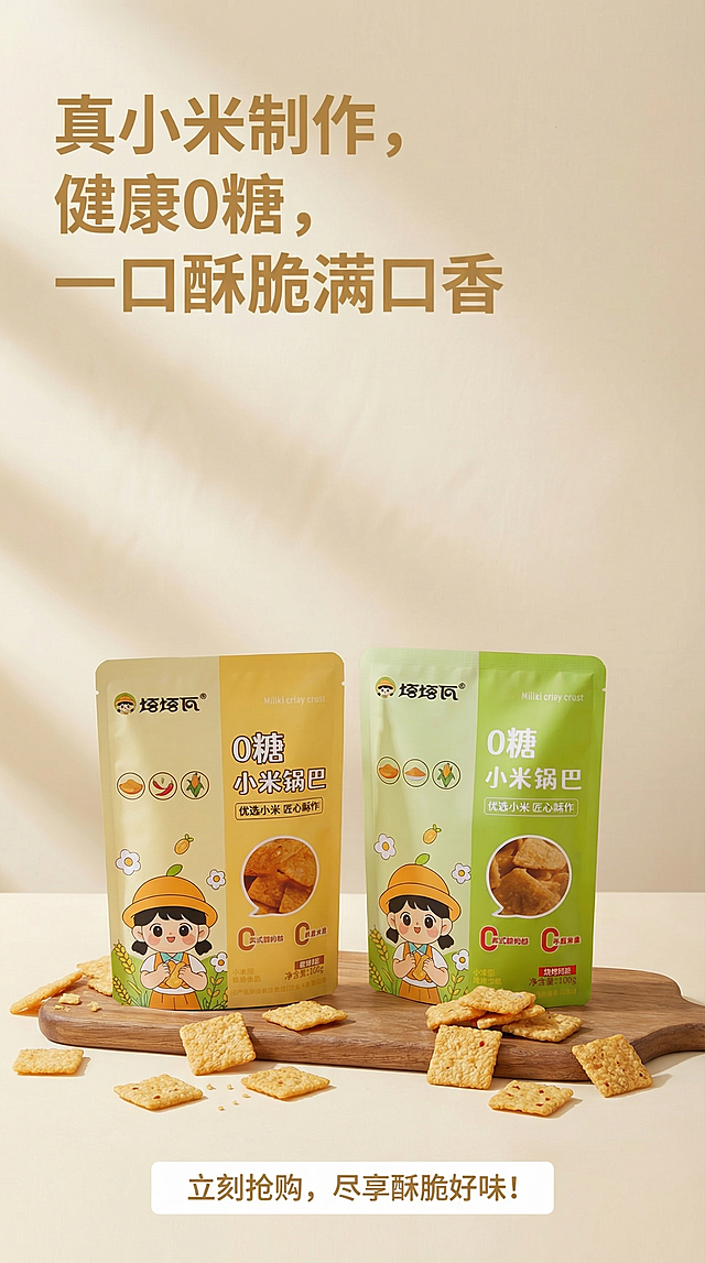 塔塔瓦0糖小米锅巴电商详情页，延续首图设计风格，9:16尺寸，浅米色背景，结尾总结页面：整体展示两款口味包装和散落的锅巴产品，文字总结"真小米制作，健康0糖，一口酥脆满口香"，底部添加购买引导提示，保持大面积留白，柔和光影，高级简约风格，暖黄主色调，整体品牌设计统一完整