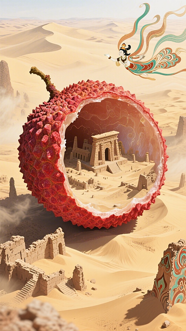 梦幻感与中式美学交织，巨荔壳中藏微缩古迹，飞天翩跹于沙海之上，岩彩风与超现实主义融合，演绎神秘而古典的东方神话故事。