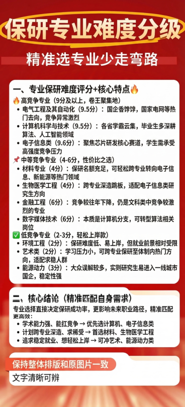 保留这张图片原有的红色渐变背景、排版布局、字体风格，调整文字排版，修正数字媒体技术部分和低竞争专业部分的文字重叠问题，保证所有文字清晰不重叠，保持所有文字内容完整不变，整体结构不变预览效果