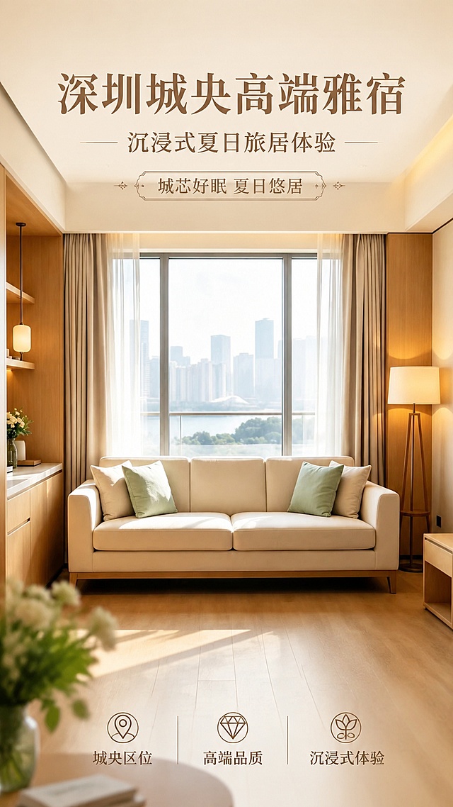 现代简约轻奢风格高端雅宿宣传海报，9:16竖版，整体版式精美，真实商业摄影风格，主产品为图中沙发客厅空间，100%还原上传商品图的产品外形、结构、比例、材质质感、颜色，设计仅作用于背景、光影、版式和文字区。主标题文案"深圳城央高端雅宿"，副标题文案"沉浸式夏日旅居体验"，装饰文案"城芯好眠 夏日悠居"，卖点标签为"城央区位"、"高端品质"、"沉浸式体验"，文字清晰可读，放置在画面负空间，不遮挡主体。整体为浅暖色调，温馨舒适，顶部自然光侧前方柔光，背景保留深圳城市江景窗景，空间层次分明，前景虚化绿植点缀，超高清4K画质。