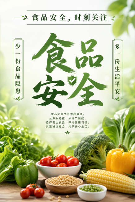 高端简约食品安全宣传海报，自然清新绿色食材背景，低调不杂乱，文字排版简约大气，保留所有文案内容：标题"食品安全，时刻关注"，两侧"少一份食品隐患""多一份生活平安"，中间大字和下方介绍，无人物露脸，颜预览效果