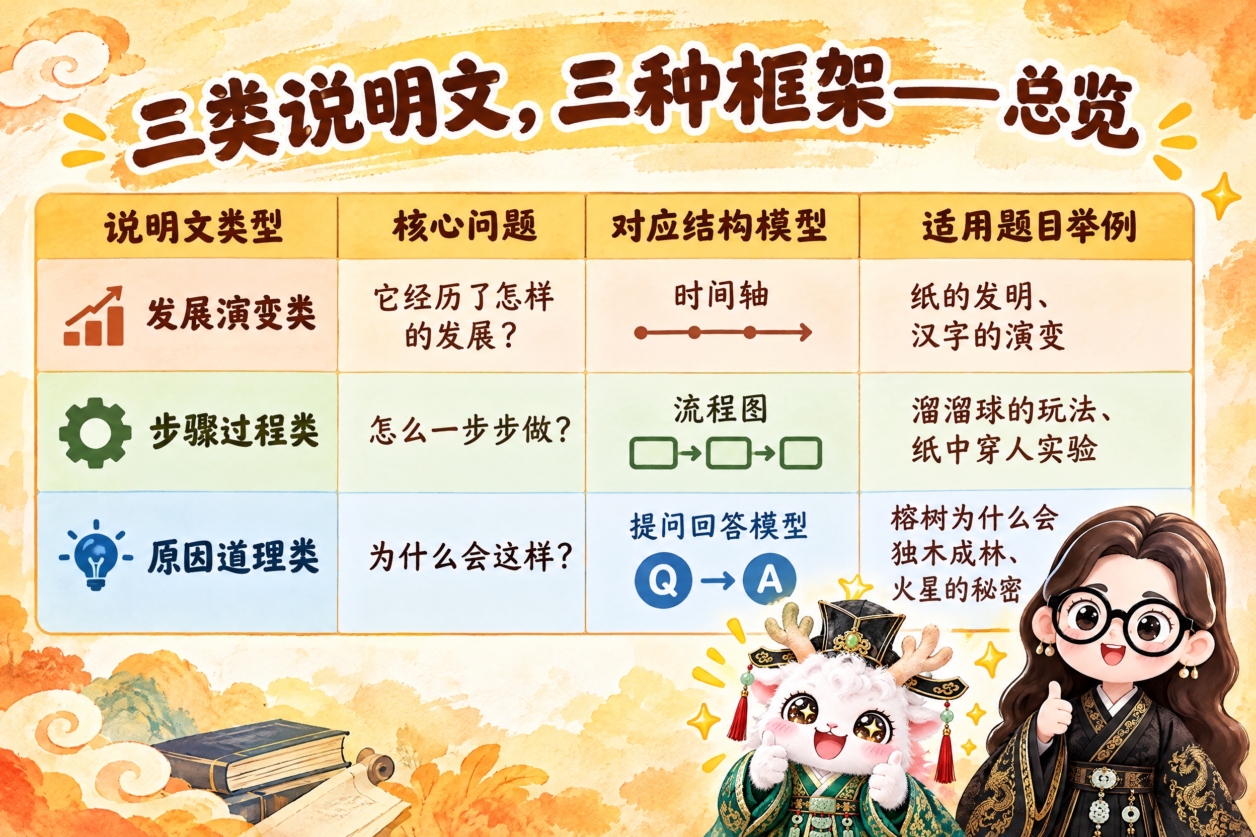 横版6寸比例的知识卡片设计，标题为"三类说明文，三种框架——总… - 图片创意预览