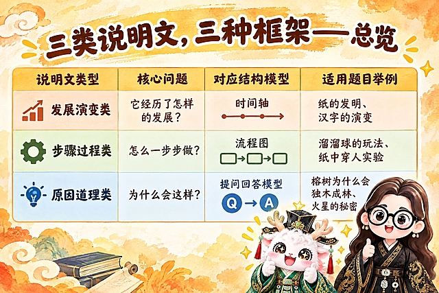 横版6寸比例的知识卡片设计，标题为"三类说明文，三种框架——总览"，画面中央是一个四行四列的表格，表头为"说明文类型"、"核心问题"、"对应结构模型"、"适用题目举例"，内容依次为：发展演变类 - 它经历了怎样的发展？ - 时间轴 - 纸的发明、汉字的演变；步骤过程类 - 怎么一步步做？ - 流程图 - 溜溜球的玩法、纸中穿人实验；原因道理类 - 为什么会这样？ - 提问回答模型 - 榕树为什么会独木成林、火星的秘密。右下角放置两个Q版国风IP形象：一个是竖起双大拇指点赞、眼睛闪闪发光兴奋的白色毛绒瑞兽（穿绿色汉服戴官帽），另一个是戴黑框眼镜、穿黑色金龙纹汉服的卡通女孩，整体风格温暖知性，暖橙黄色水彩风背景，与费曼复述卡系列风格统一，表格清晰易读，适合打印