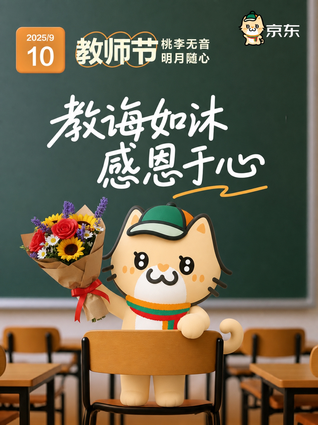 参考图1的整体构图、教室黑板背景、花束、文字排版和教师节海报风… - 图片创意预览