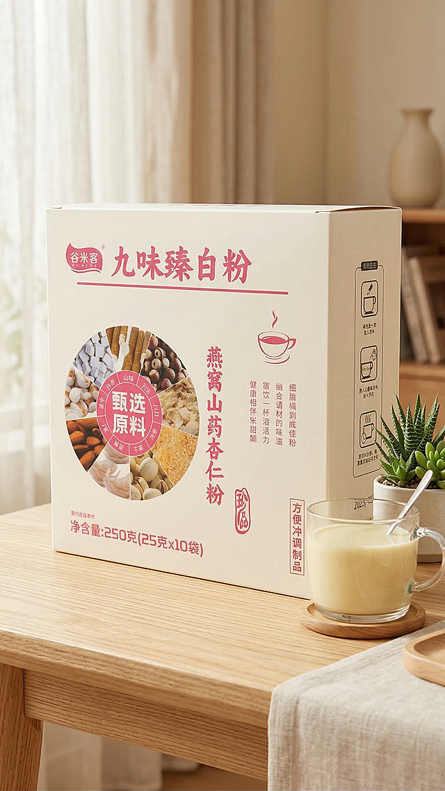 一张温馨治愈的健康食品场景图。主体是谷米客九味臻白粉包装盒，保持产品原有文字和Logo完全不变，保持主体物理结构不变，放置在温暖的浅原木色餐桌上。光线采用全屋漫射柔光，模拟柔和的自然光从左侧透光窗帘射入，营造出通透干净的氛围，低对比度，阴影极淡。画面右侧点缀一小盆清新绿植，旁边放着一杯冲调好的淡黄色粉粉饮品，增添生活气息。构图采用三分法，前中后景层次分明，整体为奶油暖调风格，低饱和度色彩，契合国内电商种草氛围感，画面极度细腻。