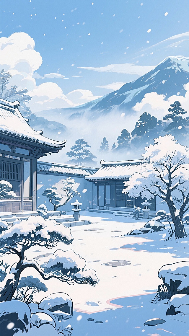 二次元古风，下雪，庭院，树，远山，雾气，云，浅蓝色，细节丰富，元素多样，9:16,不要人物，
