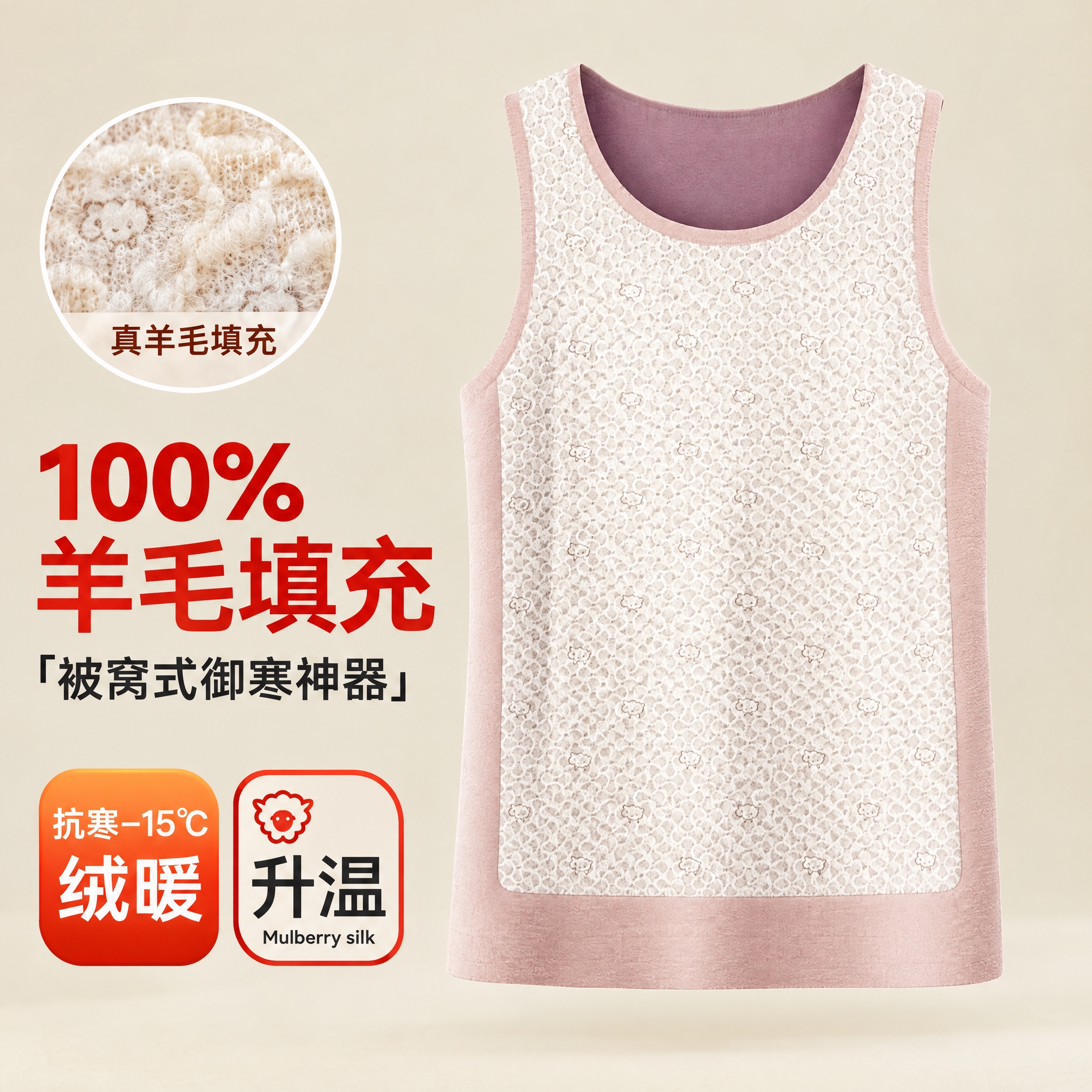 参考第一张图的卖点图版式风格，为第二张浅粉色羊毛保暖背心制作同… - 图片创意预览