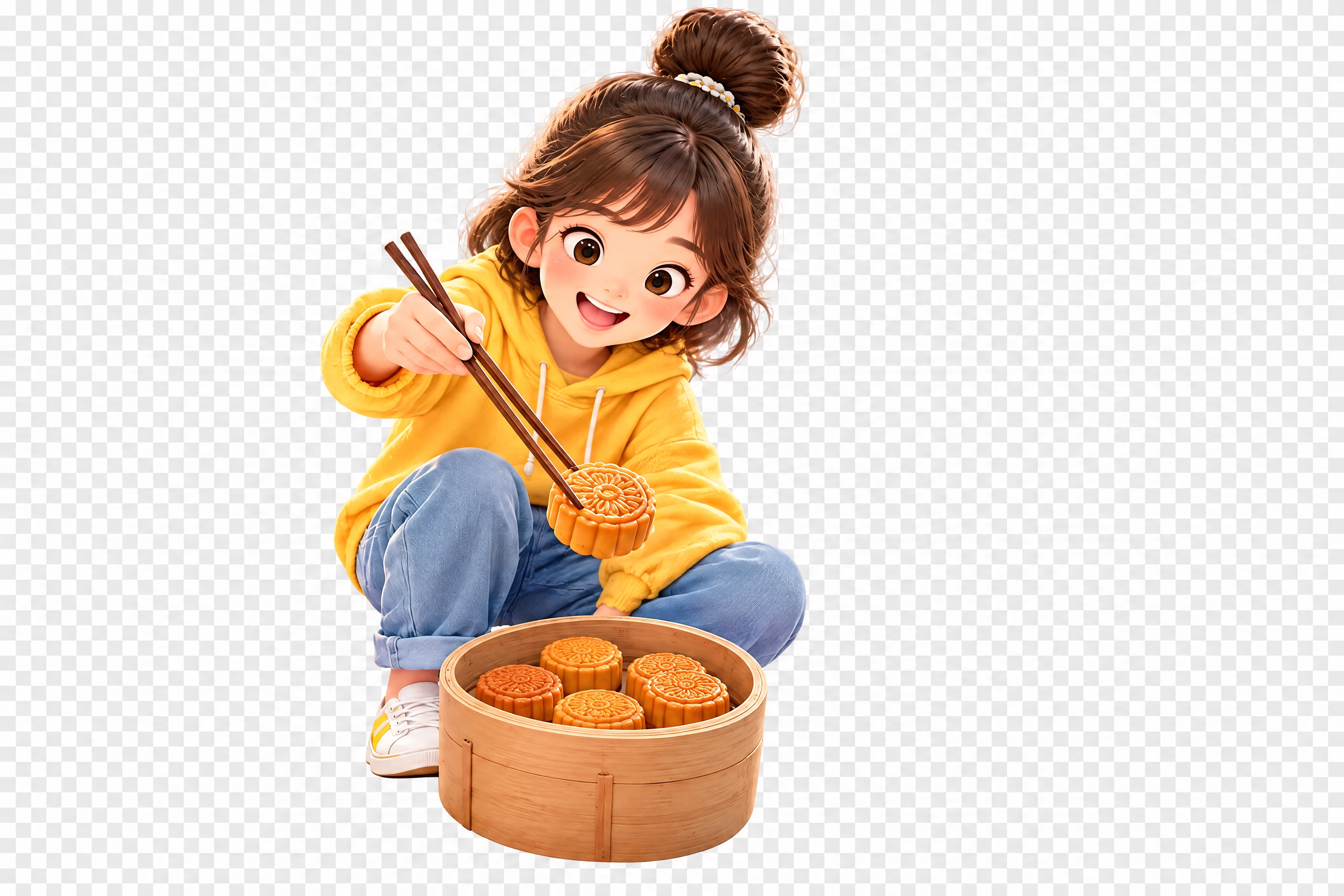保留原图中左侧扎丸子头穿黄色连帽衫的小女孩完整形象，包括她手中… - 图片创意预览
