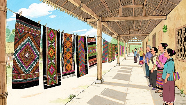 晴天的长廊上，十二幅色彩绚丽、纹样生动的黎锦整齐悬挂，村民们驻足观看发出惊叹，保留原整体色彩风格，手绘风格