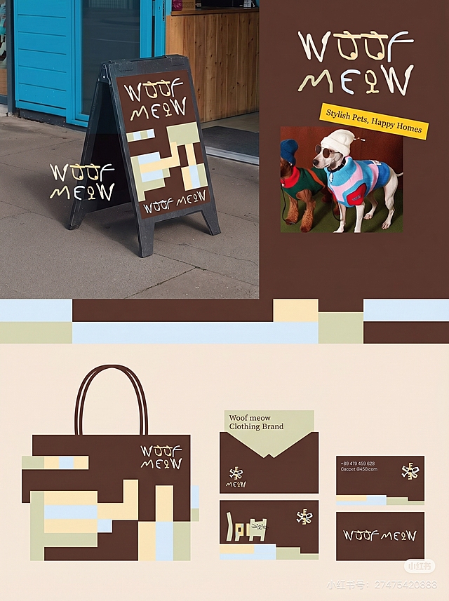 woof meow宠物品牌门店立牌展示设计，使用品牌几何色块风格和深棕、浅米黄、浅蓝、浅绿配色，放置woof meow品牌logo，保持和参考图一致的展示场景。