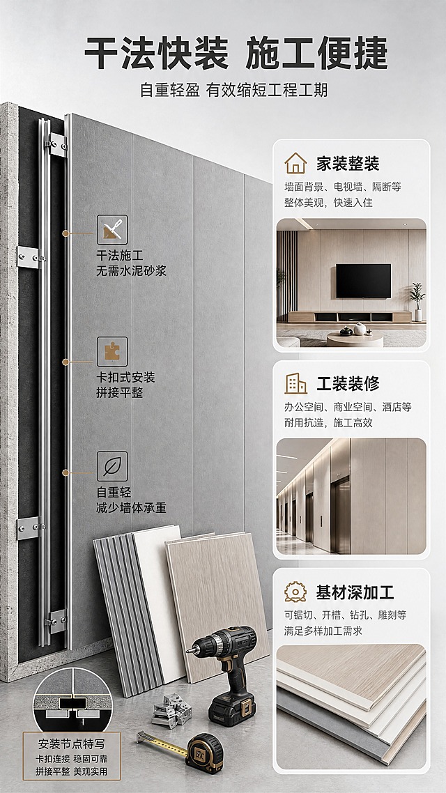 [商品] 使用【图1】灰色碳晶板、【图2】白色裸板、【图5】科技木贴面板；保留板材结构、厚度、切面特征；商品处理：将板材置于安装施工场景中，保持板材原貌，添加施工工具和安装节点示意，不改变板材本身形态。
[画面] 目标：安装施工与多用途说明，展示干法快装便捷性。构图：左半部分为安装施工示意（碳晶板上墙安装节点剖面+干法快装工具示意，展示卡扣式安装、无需水泥砂浆），右半部分为用途说明（3个用途卡片：家装整装、工装装修、基材深加工）；上方为主标题区。产品占画面约45%，阅读动线从左上到右下。前中后景：前景安装节点特写、中景用途卡片、后景浅灰渐变背景。
[视觉] 套系策略：风格=写实商业产品摄影，哑光浅灰简约背景；标题字=现代无衬线粗黑体（工整专业，非艺术字体）；正文字=简洁无衬线中黑体；主色=哑光浅灰；背景延展=基于哑光浅灰做上下深浅渐变、同色系细腻过渡；强调色=深炭灰+暖金棕，仅用于小面积图标、引线、标签边框和重点数字；标题色=深炭灰；正文色=中灰；组件=圆角浅灰信息卡、细直线引线、方形标签框；光影=左前侧45度柔和主光，安装节点处加局部光突出结构，底部自然投影。
[文字] 顶部主标题"干法快装 施工便捷"，副标题"自重轻盈 有效缩短工程工期"；安装示意旁配文："干法施工 无需水泥砂浆"、"卡扣式安装 拼接平整"、"自重轻 减少墙体承重"；3个用途卡片标题："家装整装"、"工装装修"、"基材深加工"，各配1行说明。文字全部横向排版，专业清晰。
[规格] 图片比例9:16竖版，4K，负向提示：避免卡通插画、花哨艺术字体、变形扭曲、错字乱码、文字过小、彩色背景、人物脸部、二维码、水印、夸张安装效果。