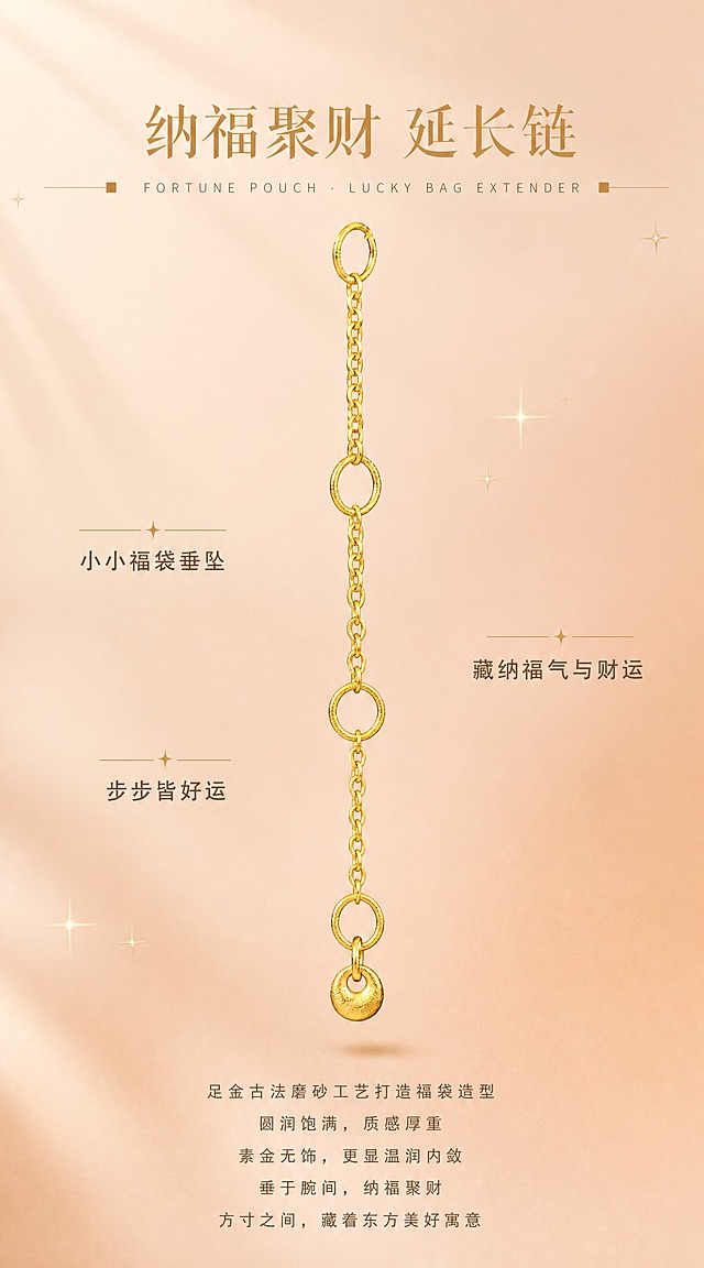 【第5张·福袋款单品页】
[商品] 使用小福袋延长链（小圆饼款）；严格还原足金原色，温润黄金色泽，古法金磨砂质感，圆润边缘，福袋（小圆饼）造型和磨砂肌理100%还原；去除透明鱼线。
[画面] 福袋延长链纵向悬挂于画面中央偏上位置，产品占画面50%。背景为暖杏色到蜜桃裸粉色的柔和渐变，两侧有柔和光影。画面上方有标题区域，下方有正文区域。
[视觉] 套系策略：风格=高端轻奢珠宝商业摄影；主标题字=精致衬线体，浅金棕色；单品标题字=中号无衬线体；正文字=小号无衬线体，深咖暖灰色；英文字=细体无衬线，拉开字距；主色=暖杏蜜桃裸粉渐变；背景延展=暖杏色到裸粉色柔和渐变，细腻哑光质感；强调色=浅金棕色；组件=两侧小方块装饰+细金线+星光；光影=左上方暖柔光，磨砂金质感细腻柔和。
[文字] 画面上方居中：主标题"纳福聚财 延长链"（精致衬线体，浅金棕色，大字号），下方英文"FORTUNE POUCH · LUCKY BAG EXTENDER"（细体无衬线，拉开字距）。英文两侧有小方块+细金线装饰。产品两侧有三行短句，居中对齐："小小福袋垂坠""藏纳福气与财运""步步皆好运"（中号无衬线体，深咖色）。画面底部正文5行居中："足金古法磨砂工艺打造福袋造型""圆润饱满，质感厚重""素金无饰，更显温润内敛""垂于腕间，纳福聚财""方寸之间，藏着东方美好寓意"（小号无衬线体，暖灰色）。文字不遮挡产品主体。
[规格] 宽度850px，长竖版比例约1:1.8，2K，quality=high。避免鱼线、黄金发白发银、福袋造型变形、磨砂质感丢失、文字遮挡产品。