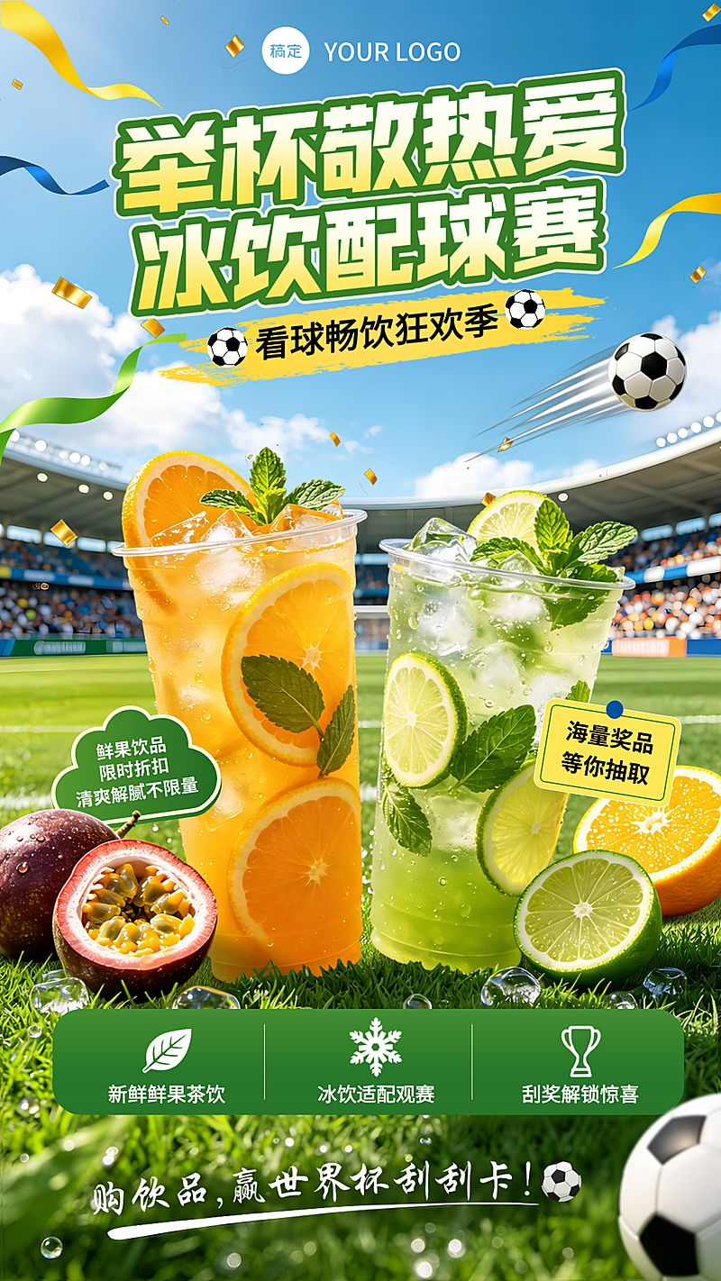清新夏日奶茶饮品营销世界杯活动宣传竖版海报