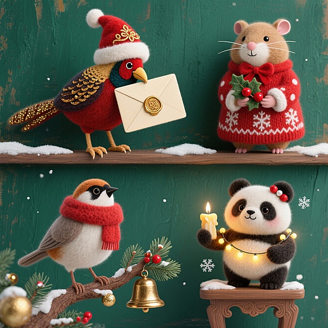 复古油画风(色调浓郁，肌理厚重)
深橄榄绿油画布背景(带笔触纹理)，4个圣诞元素上下两行对齐排列:
1.戴丝绒圣诞帽(缀金刺绣)的红腹锦鸡，爪握烫金蜡封信封，低头用喙轻啄蜡封，尾羽展开沾暗金细闪2.浅棕豚鼠身着红底白点针织裙(袖口绣雪花)，颈系酒红丝带，双手捧着缀红浆果的冬青枝，歪头凝视浆果3.白眉鸫站在原木枝上，颈围羊毛红围巾，爪握复古铜铃轻晃，身旁散落松针与鎏金彩球4.小熊猫踮脚站在雕花木凳上，爪握暖黄烛光灯串缠绕雪松，耳尖别珍珠浆果，身后飘着油画质感雪花