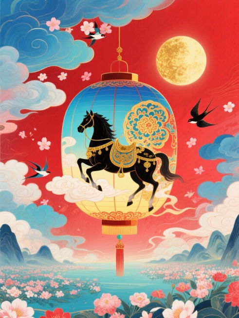 主体是青蓝红三色渐变球形长宫灯（灯面绘制披挂鎏金华丽鞍具的黑色奔马图腾和宝相花纹，奔马呈腾云姿态），长宫灯在花海上空悬停，光芒照亮周围花朵。背景为正红底 + 金色满月，空中漂浮花瓣与飞燕，色调以红、金预览效果