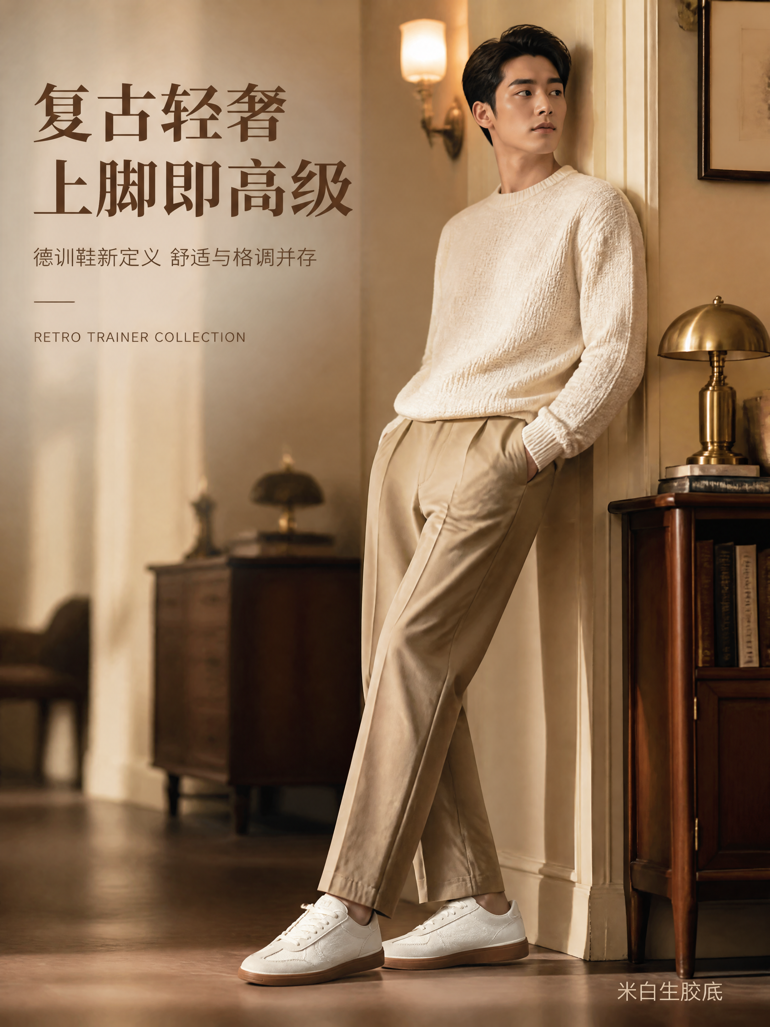 [第1张] 抖音电商详情页头图-米白色复古德训鞋男模特上脚大片… - 图片创意预览