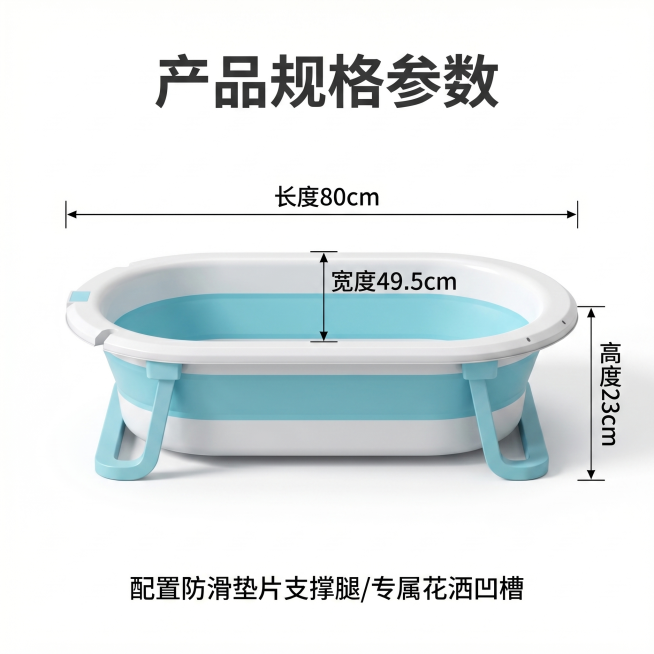 [主图 5] 沐浴盆尺寸规格展示图。[氛围风格] 简洁白底，专业规格标注，清晰直观。[画质] 商业摄影质感、清晰真实、干净高级。[元素] 原蓝白拼色沐浴盆放置在纯白背景上，展示正视图，标注清晰的尺寸线预览效果
