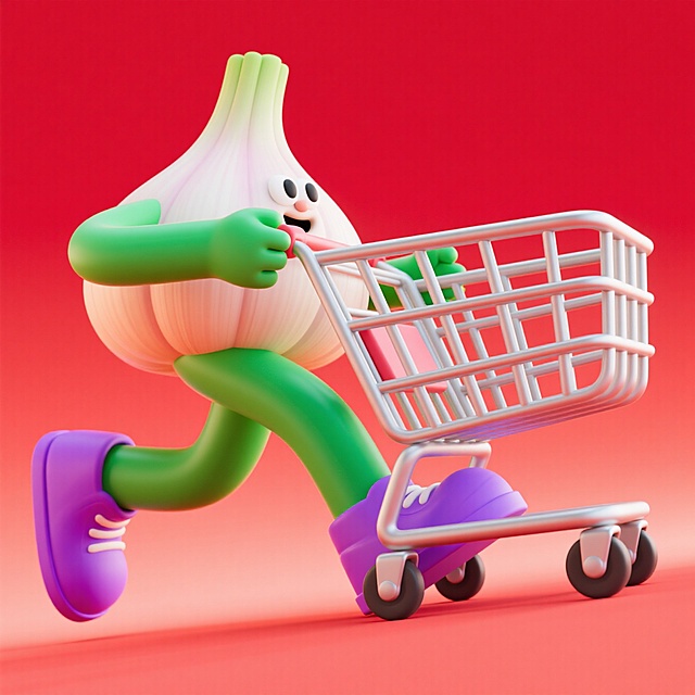 软3D风格大蒜拟人形象，卡通感十足，推着购物车奔跑，充满趣味与可爱感，塑料质感渲染，节日氛围轻松活泼。