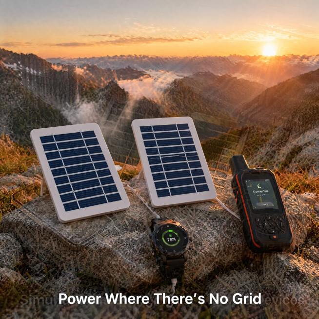 [Image 5] Mountain summit sunrise scene: two 5V 2W solar panels placed on a stone platform, charging预览效果