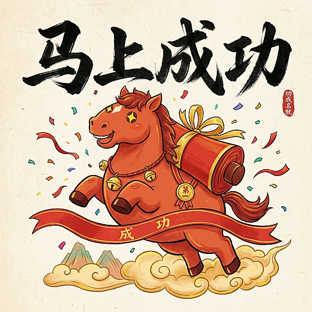 国潮风插画，拟人化红马腾云驾雾，配大字“马上成功”，融合卡通感与喜庆元素，传递励志祝福。