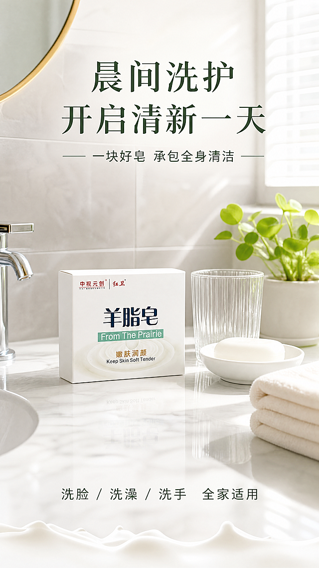 [第6屏] 详情页使用场景-红卫羊脂皂浴室晨间洗护场景。本屏使用【图1】作为商品主体。
[氛围/风格] 清新治愈生活风，明亮干净浴室场景，日常使用氛围感，商业场景摄影质感。
[元素布局] 羊脂皂包装盒置于白色大理石洗手台左侧，旁边有白色陶瓷皂碟、透明玻璃杯、绿色小植物、折叠的米白色毛巾；背景为浅灰色瓷砖墙面，柔和自然光从右侧窗户洒入；产品占比约20%-25%，融入真实浴室场景；产品外观与输入图一致。
[光影质感] 右侧自然光+左侧补光，洗手台有柔和倒影，产品有自然阴影，整体明亮干净。
[配色色系] 全局底色以场景自然色为主，白+浅灰+浅绿点缀；主色白色、浅灰；辅助色奶白产品、绿色植物。
[视角构图] 平视微俯视角，场景化构图，阅读动线顶部标题 → 中部场景产品 → 底部氛围文字。
[文字版式] 版式为顶部大标题 + 中部场景 + 底部氛围文案。主标题「晨间洗护 开启清新一天」，副标题「一块好皂 承包全身清洁」；底部小字「洗脸 / 洗澡 / 洗手 全家适用」；文字置于画面上下留白处，不遮挡产品和场景主体。
[比例分辨率] 9:16 竖版比例，4K 分辨率，文字清晰可辨，高清画质。
[负向提示词] 产品变形，包装文字错乱，场景杂乱，水印，文字过小，颜色偏差。