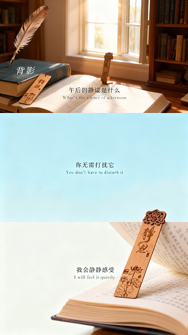 宫格艺术感写真图，横向三宫格，场景为午后的书房，色调为浅蓝与米白渐变，有书本、羽毛笔。画面主体：复古木质书签，突出宁静感。近景：书签置于书本 “背影”，旁有羽毛笔，字幕 “午后的静谧是什么”“What's the silence of afternoon”。中景：书签夹在书页间，阳光透过窗户洒下，字幕 “你无需打扰它”“You don't have to disturb it”。特写：书签上的细腻雕花，书页微微翻动，字幕 “我会静静感受”“I will feel it quietly”。整体色调：宁静舒缓，字幕在每张图的居中。